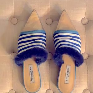 VIVIENNE HU BLUE-white mink fur trimmed shoes